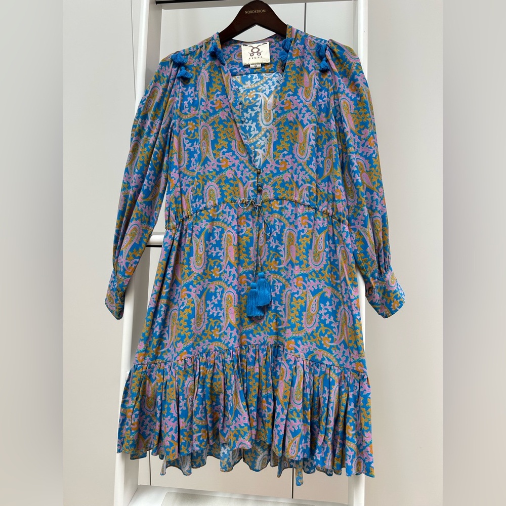 Figue Blue Paisley Boho Resort Mini 100% silk tassel vacation Dress XS 0/2